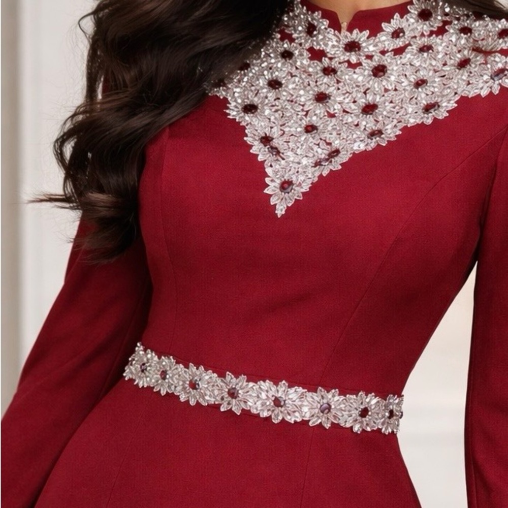 Elegant Burgundy Dress with Silver Floral Accents